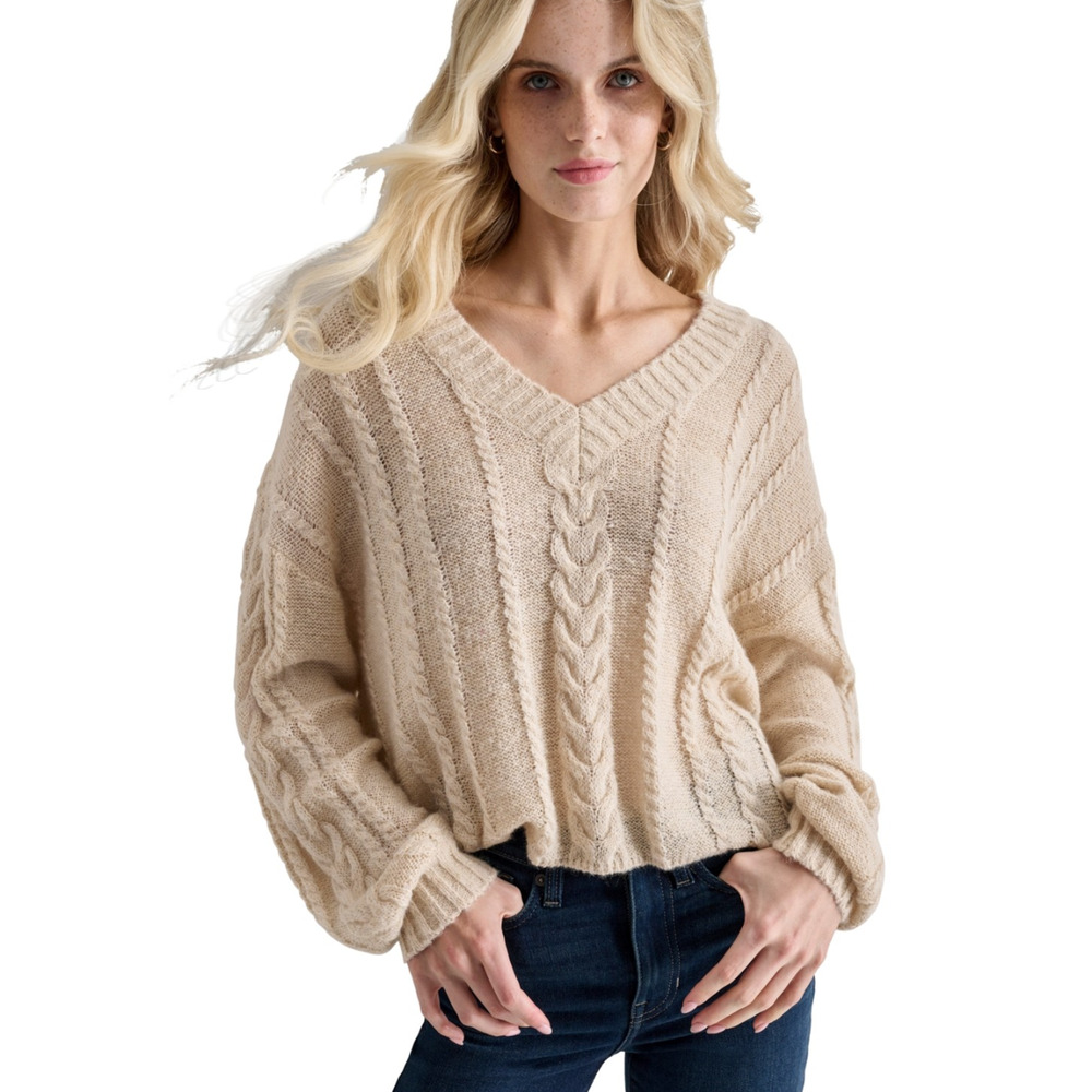 DKNY Women Cable Knit V-Neck Sweater Vanilla Bean Size L